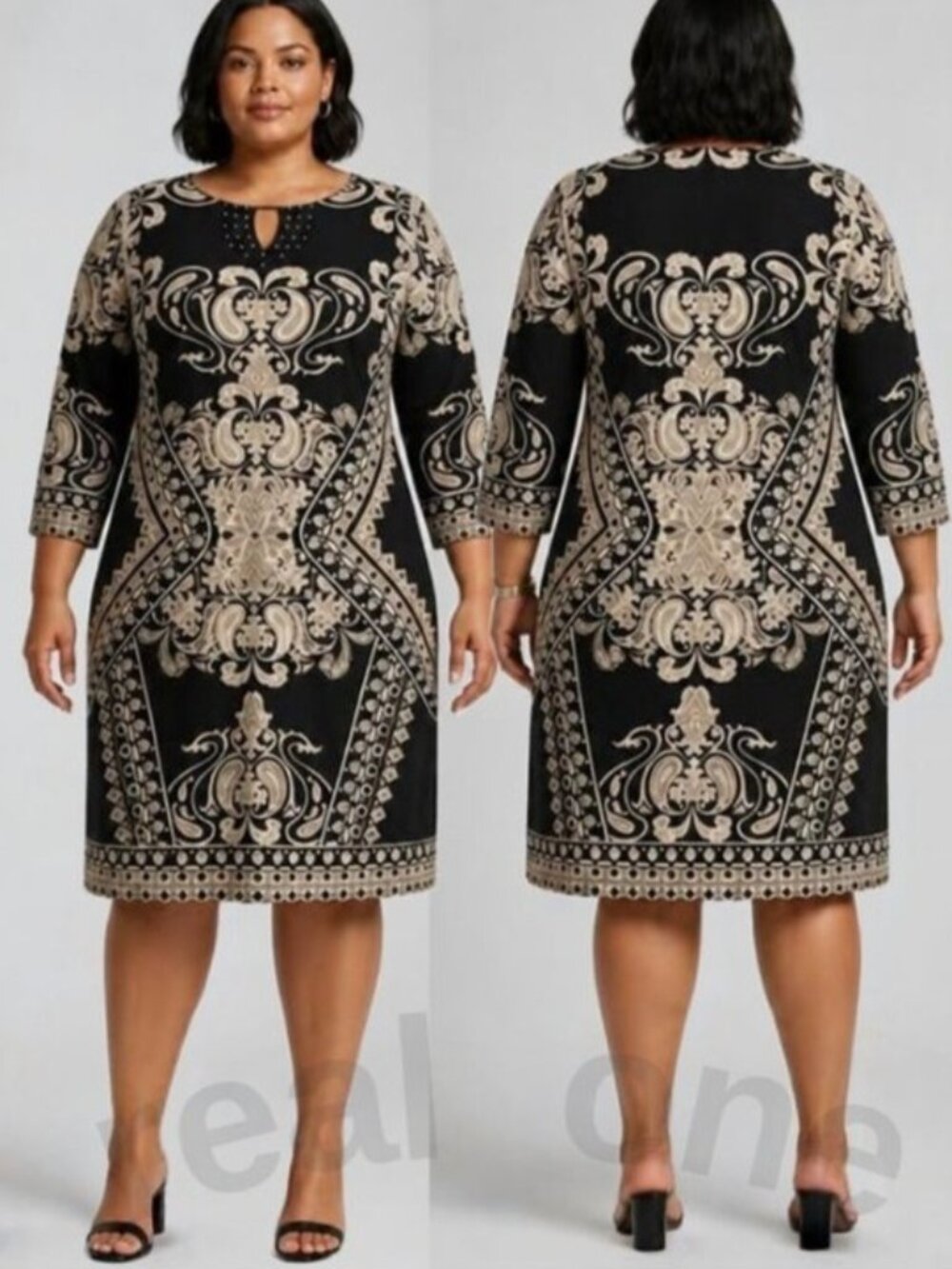 Maria Gabrielle Women's Plus Size Keyhole Neck Printed Tunic Short Dress Size 1X